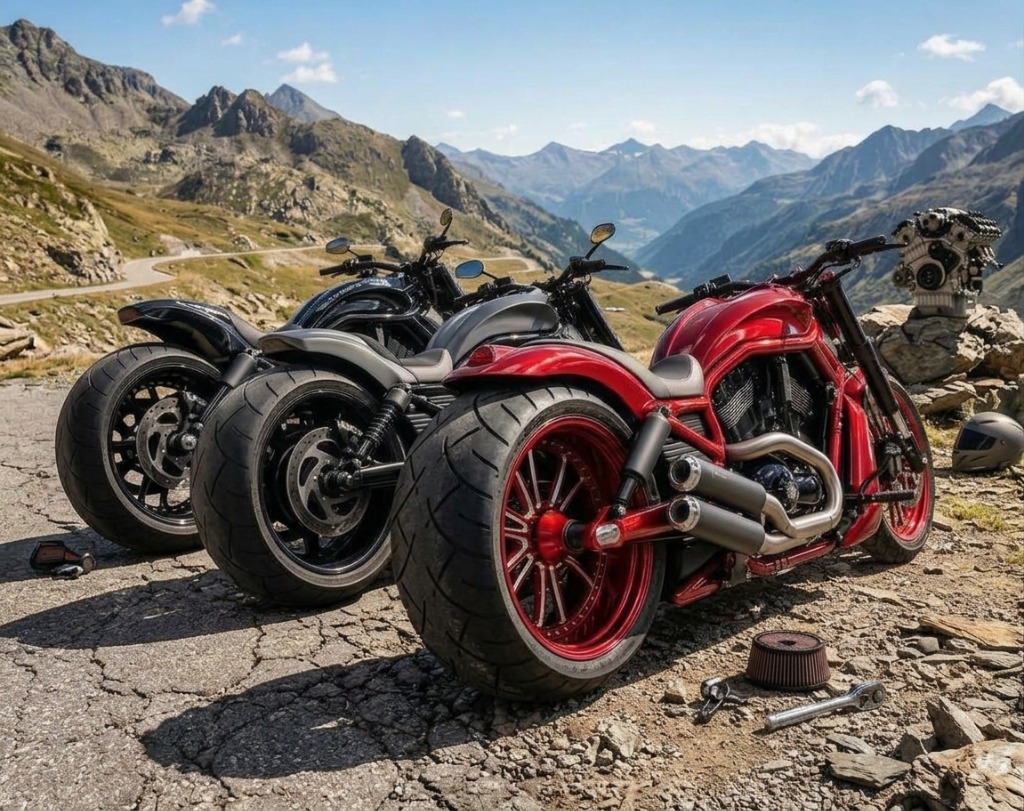 Three custom wide-tyre Harley-Davidson V-Twin muscle motorcycles overlooking a mountain pass with dual performance exhausts, high-flow air cleaner filter, wrench, and V-Twin engine block