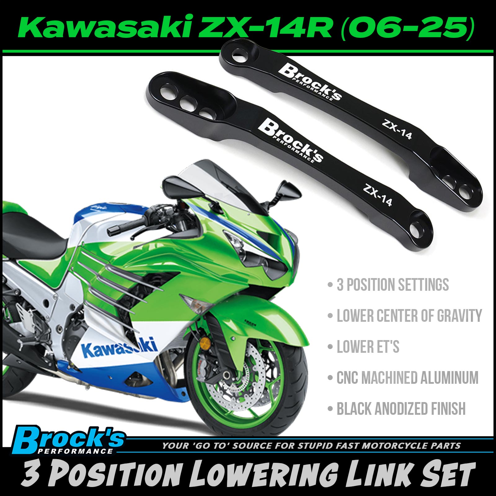 Brock's Adjustable Radial Front Lowering Kit - Kawasaki ZX-14R — Kawasaki ZX-14R & Ninja H2 with Radial Calipers (BRO-FLK-ZX14)