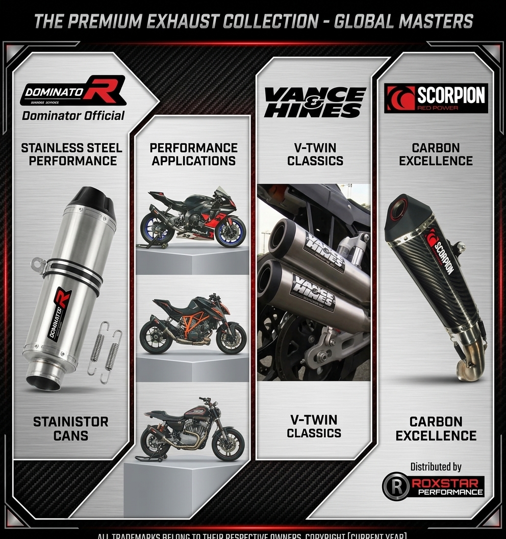 Performance Exhausts motorcycles Roxstar Performance — Dominator, Vance & Hines, and Scorpion Global Masters