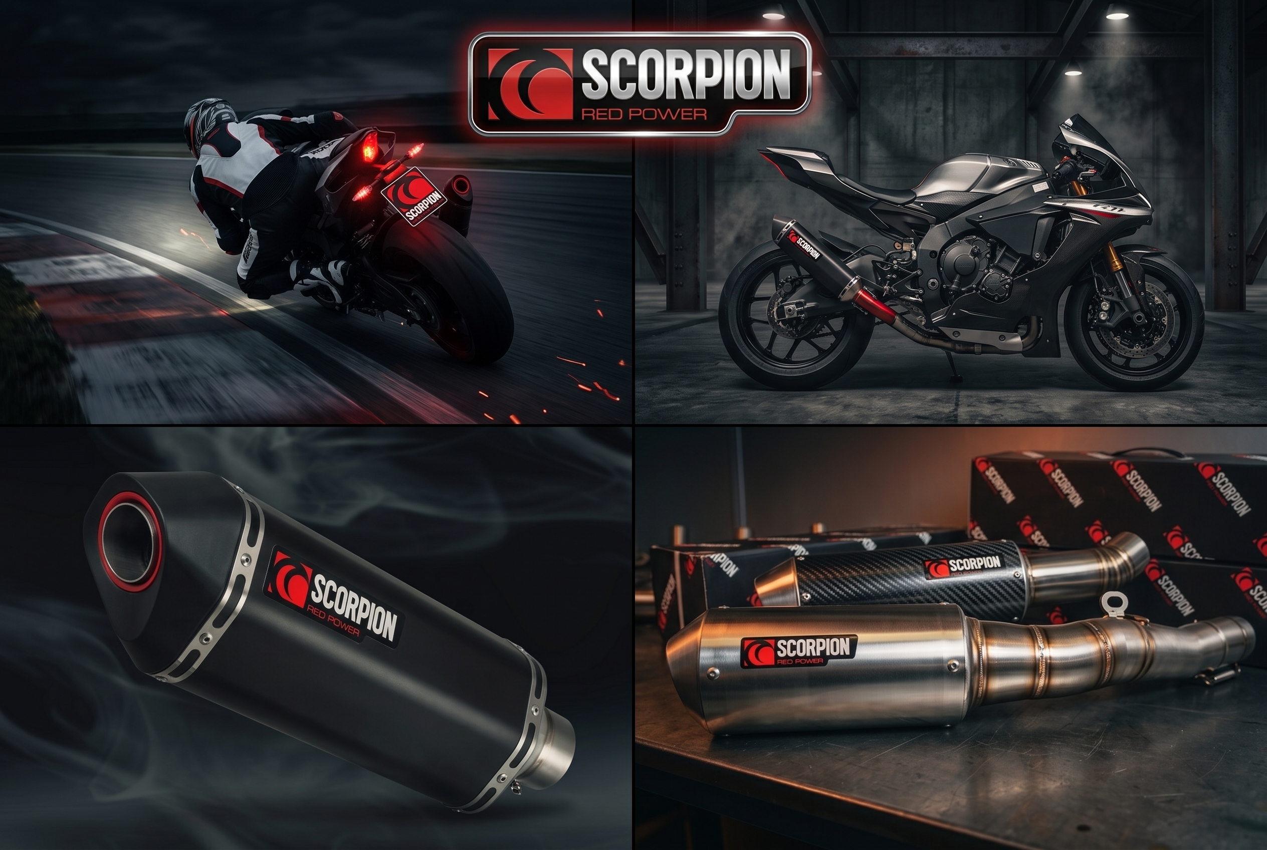 Scorpion Red Power Exhausts — Track-proven acoustics, aerospace-grade titanium, and carbon finishes.