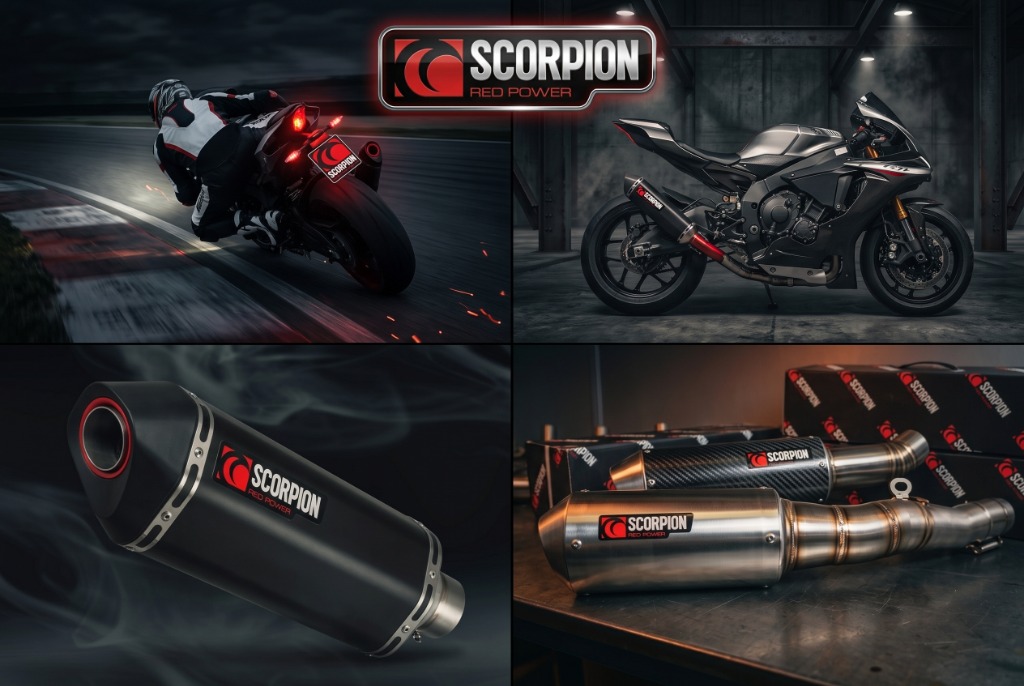 Scorpion Red Power — British MotoGP and WorldSBK Sportbike and Streetbike Exhaust Systems featuring Serket Red Power outlet ring, carbon fiber, and titanium race cans